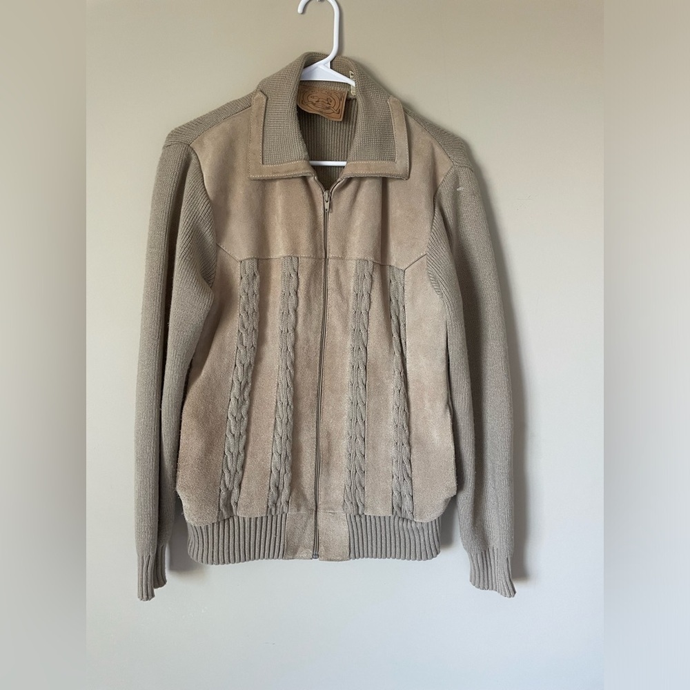 Unisex vintage Arctic Fox Tan Zip-Up leather front Sweater with Cable Knit NWOT